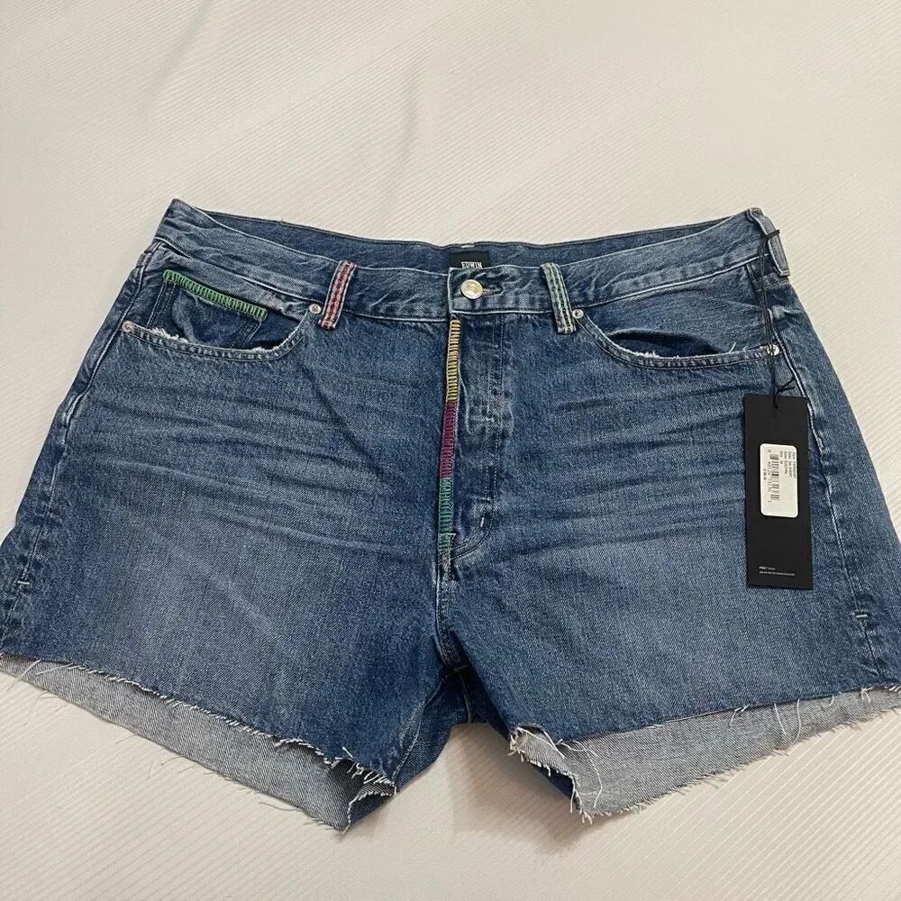 NWT Edwin Cai Short Electra Denim Cut Off Shorts Size 34 New